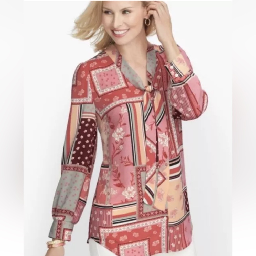 Talbots patchwork‎ tie neck blouse. Worn twice. 139.50 retail